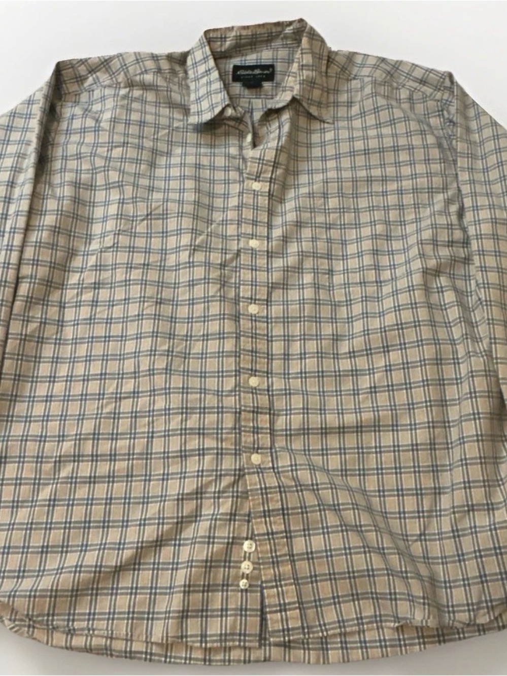 Eddie Bauer Men’s Beige and Blue Plaid Button-Down Shirt